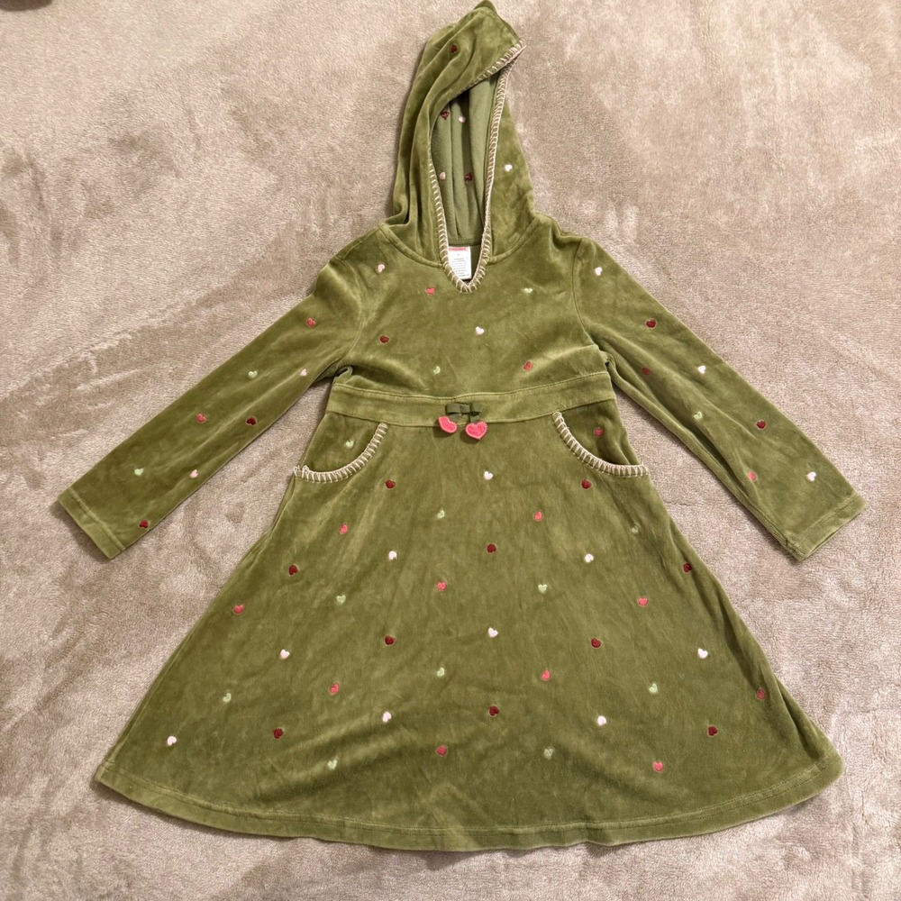 Gymboree Girls Olive Green Velour Hooded Heart Dress Long Sleeve Size 6